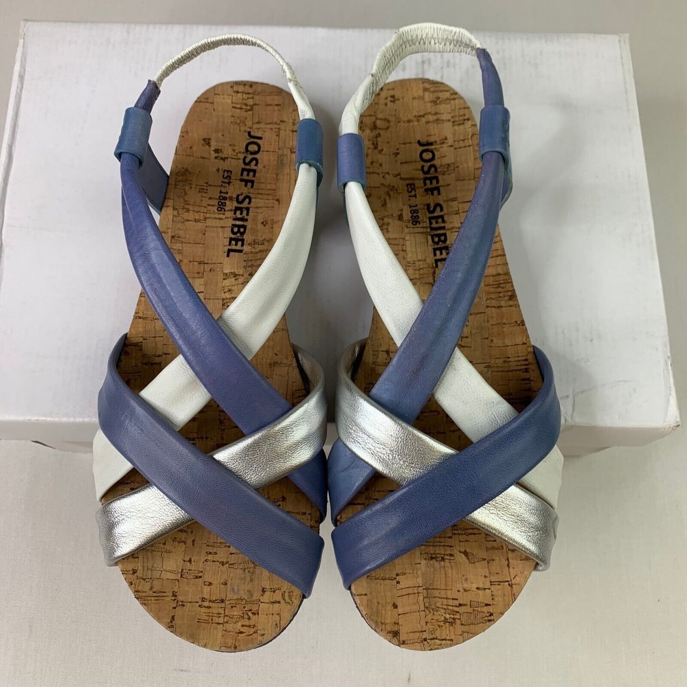 Josef Seibel Womens Henriette Sandal Blue Silver Cross Over Strap Flat Sz 6.5/37 - Picture 3 of 13